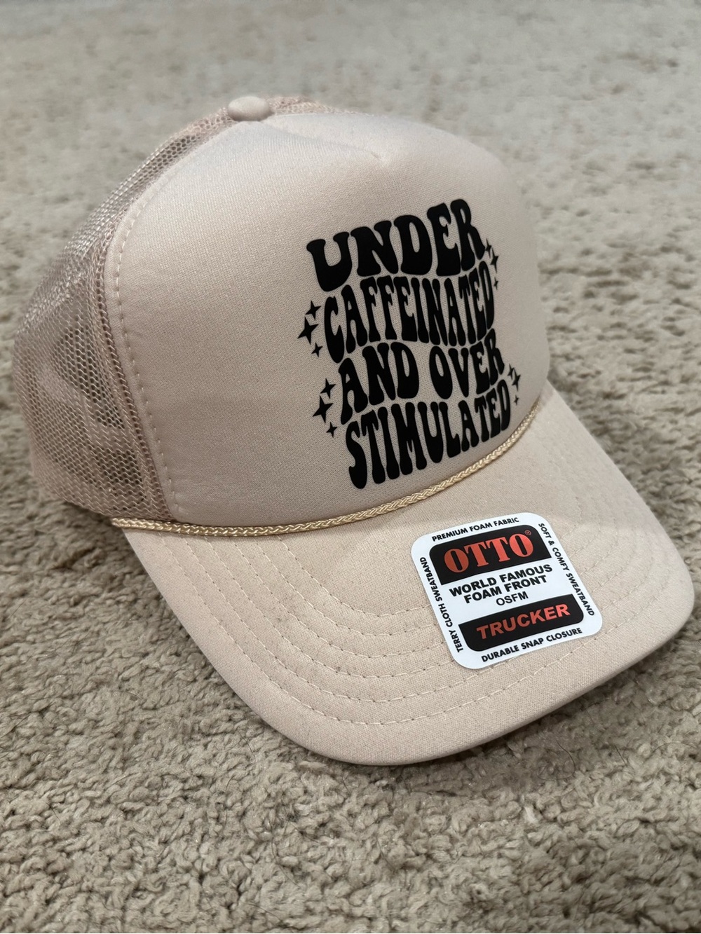 5/$40 Cream Trucker Hat with Black Slogan